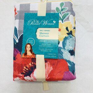 Pioneer Woman Sweet Romance Gray Gingham Floral Fabric Shower Curtain 72"x72"New